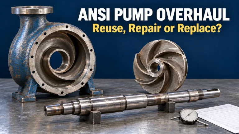 Removed pump casing, open impeller and stepped shaft on an inspection bench for an ANSI pump overhaul.