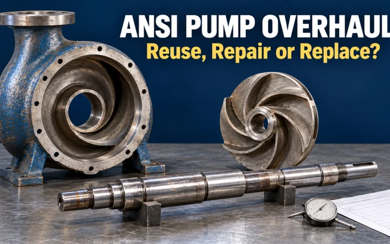 Removed pump casing, open impeller and stepped shaft on an inspection bench for an ANSI pump overhaul.