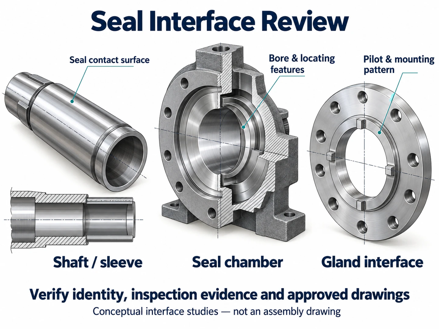 Separate shaft sleeve, seal chamber and gland interface illustrations with identity, inspection and drawing evidence prompts