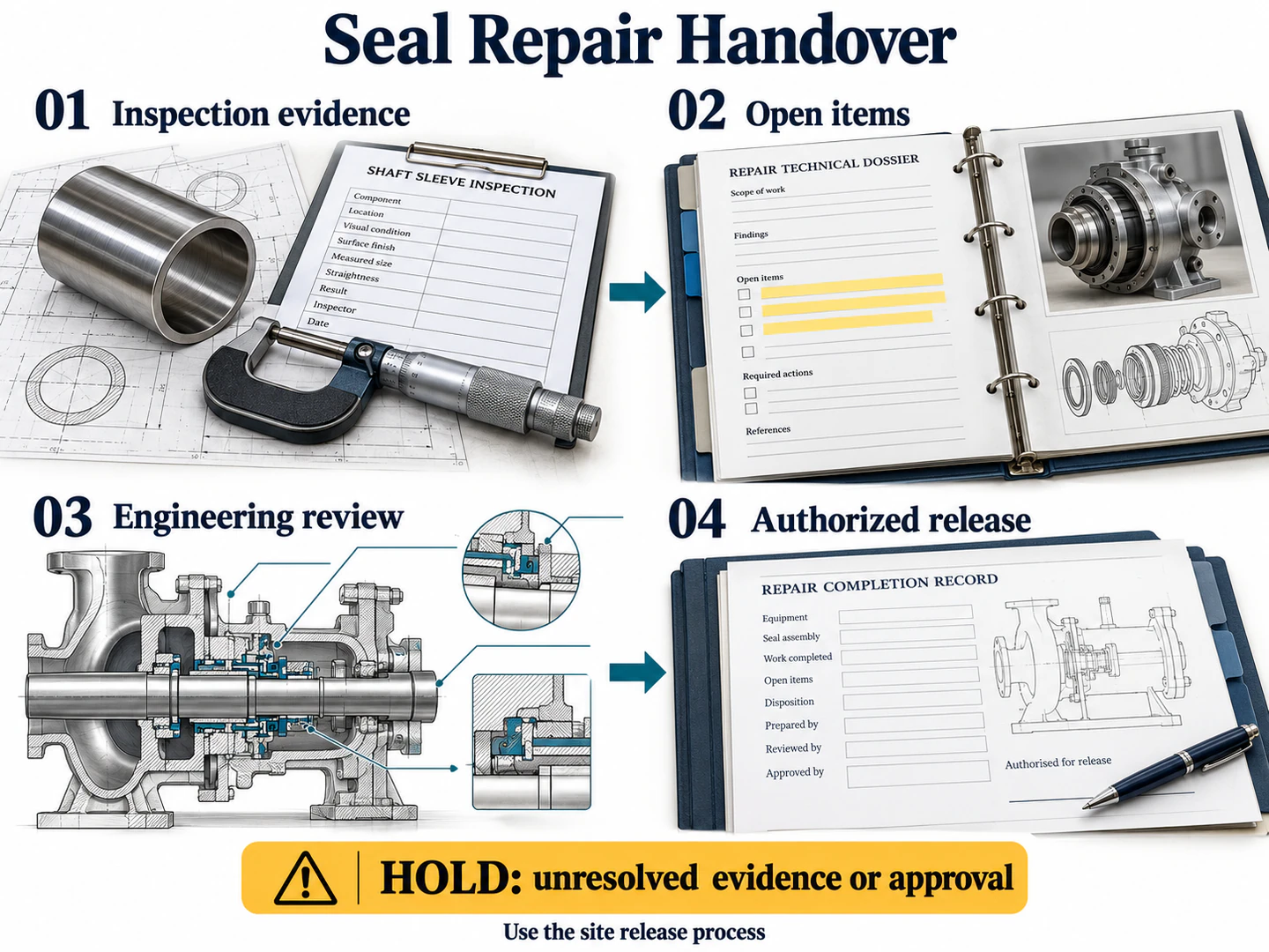 Four handover stages: inspection evidence, open items, engineering review and authorized release; unresolved evidence or approval stays on Hold