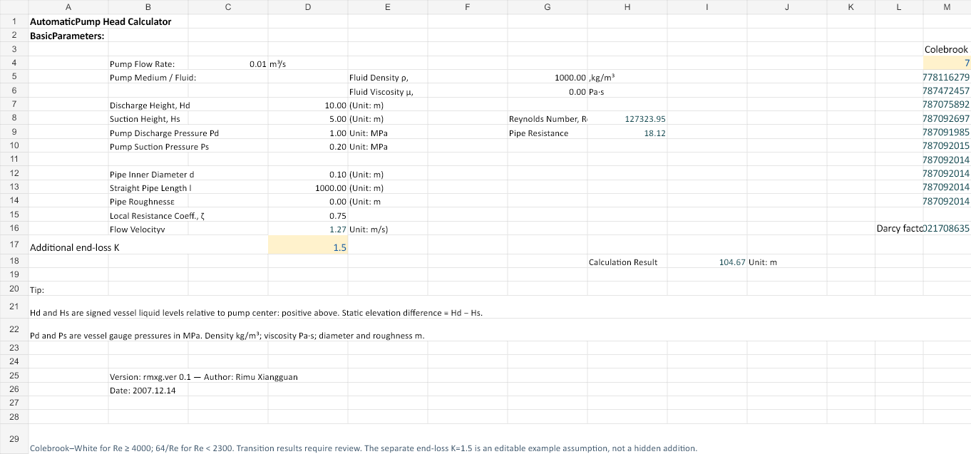 Automatic Pump Head Calculator workbook preview