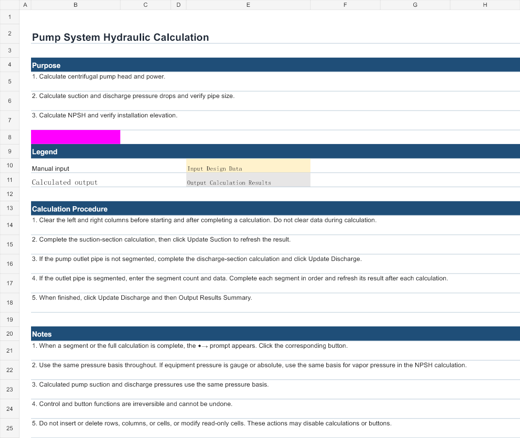 Preview of Pump System Hydraulic Calculation Spreadsheet