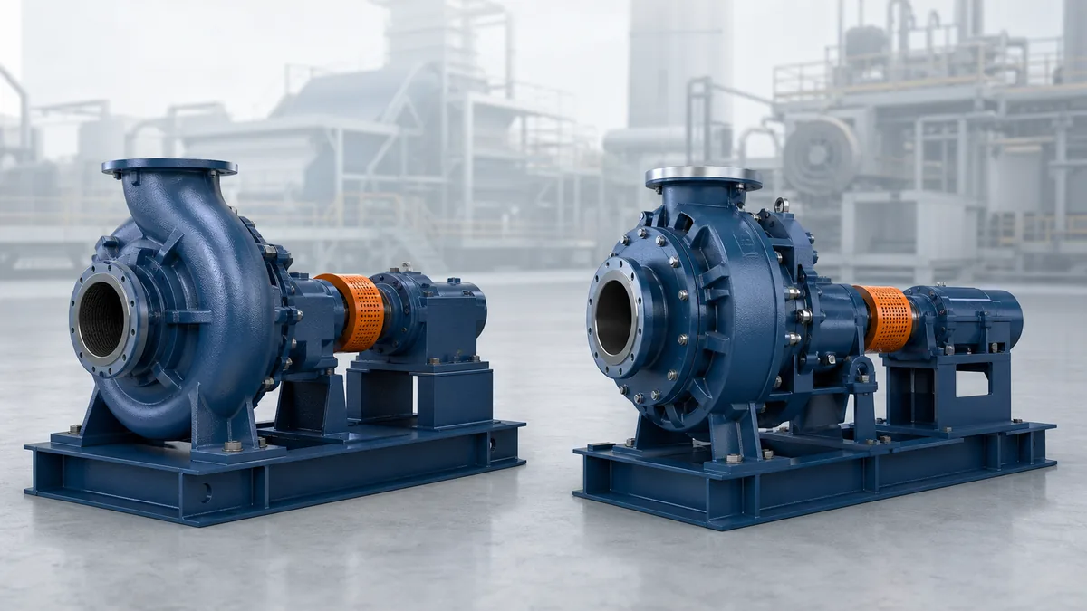 Two large paper stock and process pumps prepared for configuration comparison