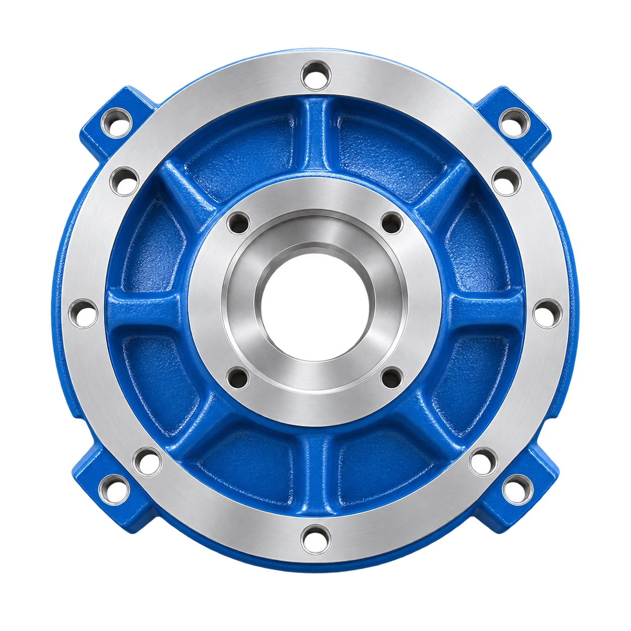 Blue 3185 pump cover with a machined stainless-steel bolt ring